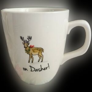 Rae Dunn White Ceramic Mug with "On Dasher" Reindeer Design
